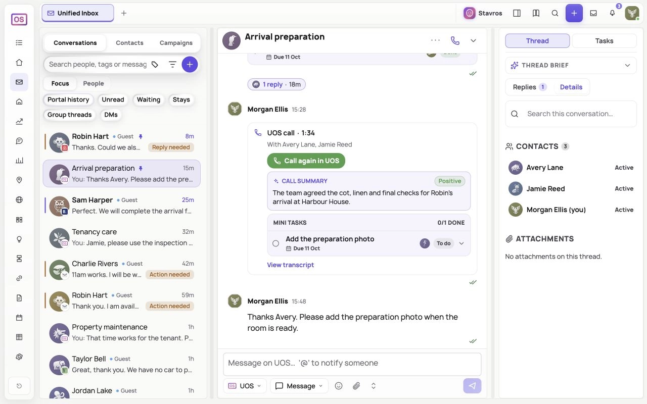 The actual Arrival preparation team thread with its call summary and delegated mini tasks