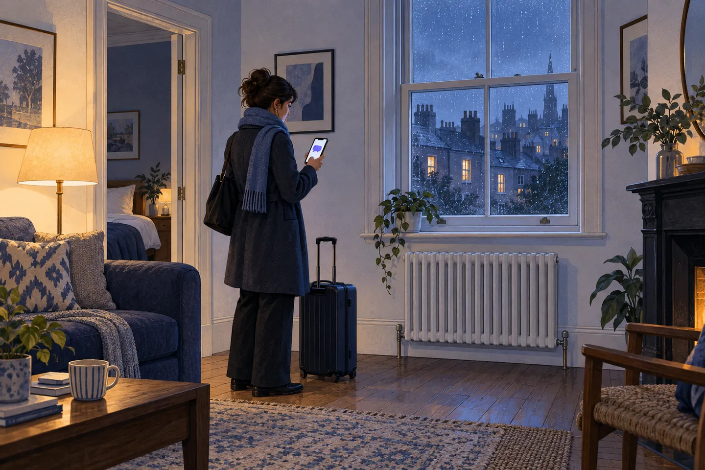 Illustration of a newly arrived guest messaging about a cold flat, with a suitcase beside the radiator.