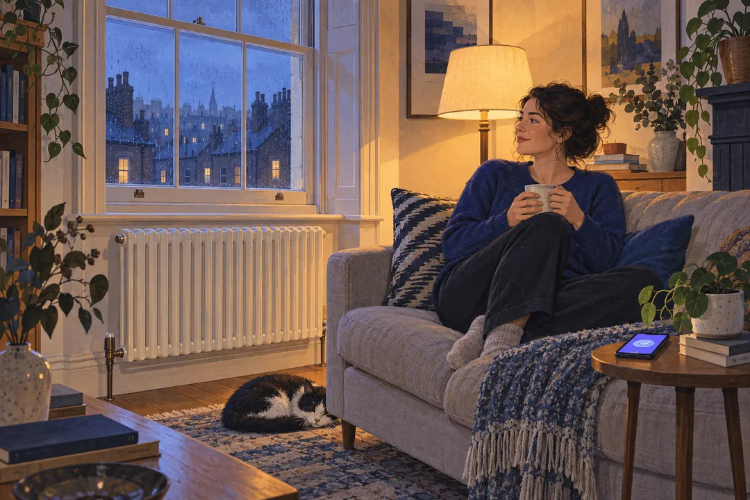 Illustration of the guest relaxing with a mug in the warm flat after the heating repair.